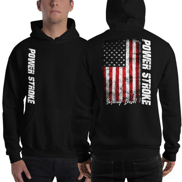 Powerstroke Hoodie with American Flag modeled in black